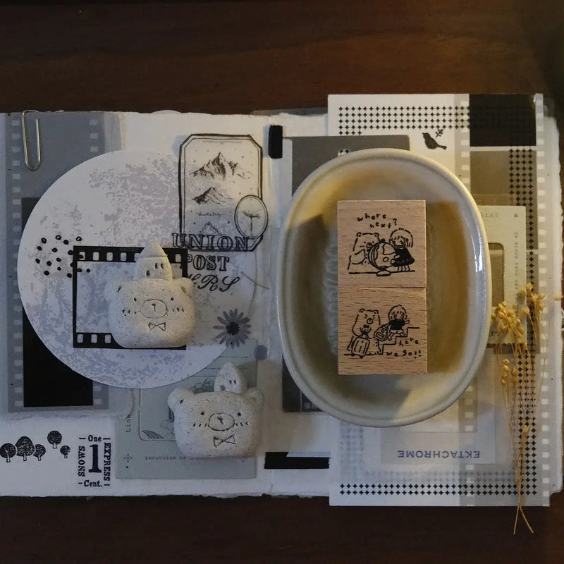 Bear & Girl Rubber Stamp: Where Next? / Here We Go!