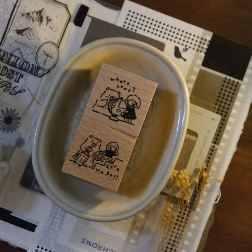 Bear & Girl Rubber Stamp: Where Next? / Here We Go!