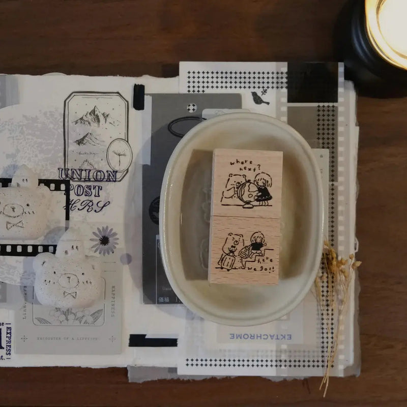 Bear & Girl Rubber Stamp: Where Next? / Here We Go!