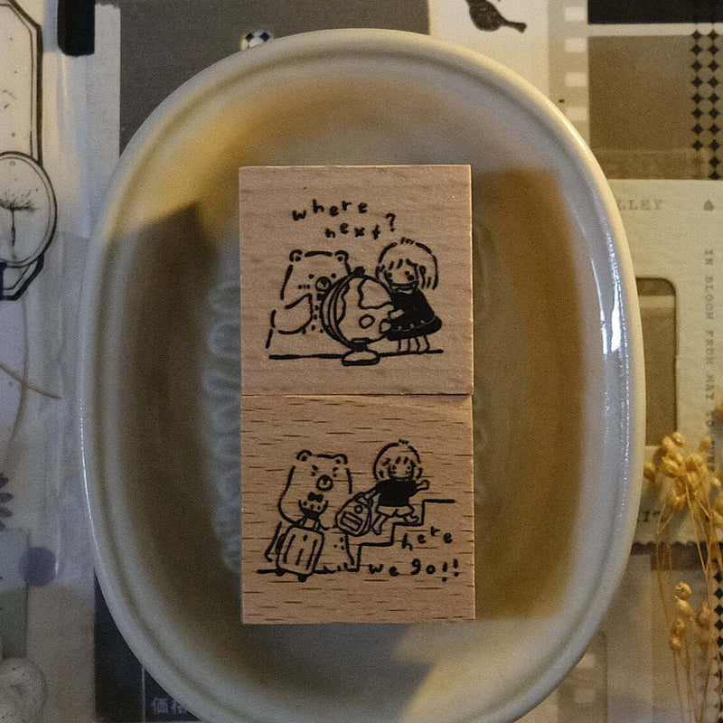 Bear & Girl Rubber Stamp: Where Next? / Here We Go!