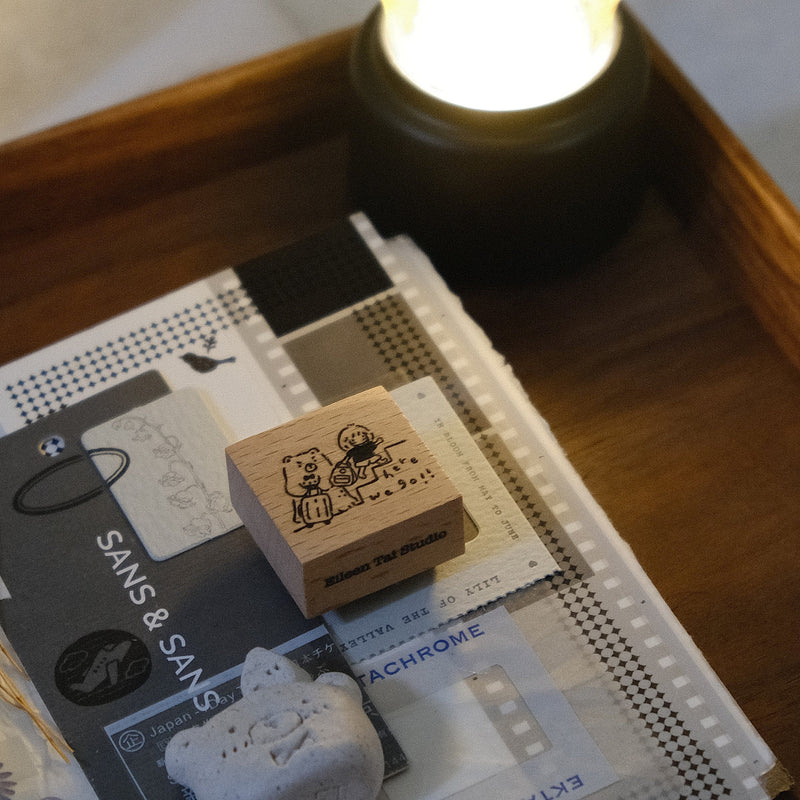 Bear & Girl Rubber Stamp: Where Next? / Here We Go!