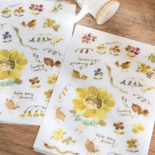 Meow Illustration Print-On Stickers - Flower Girl | Grass