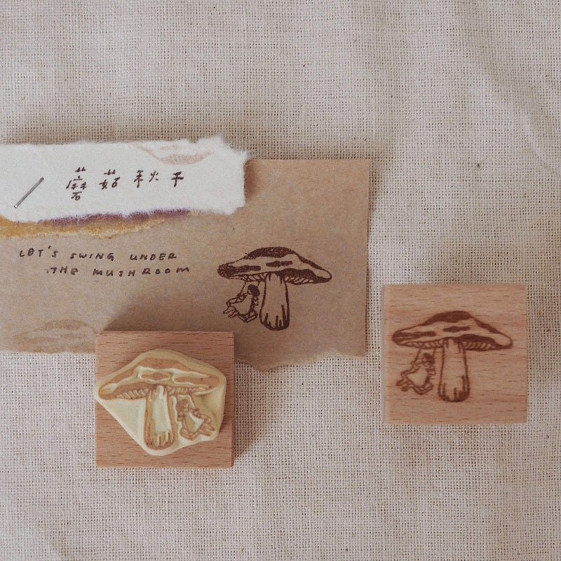 bighands Handmade Rubber Stamp - Mushroom Planet/Swing